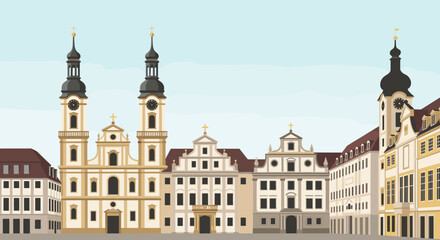 Fototapeta premium Baroque architecture in historic european square with church and facades