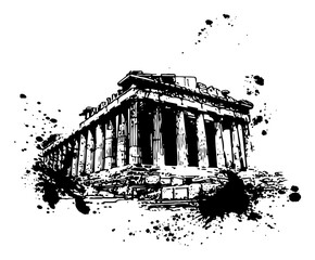 Obraz premium Ancient Greek temple ruins in expressive black ink splatter and grunge art style