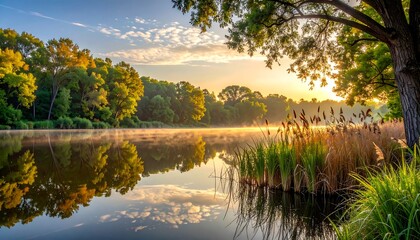 Serene Lake Scene with Trees at Sunset.