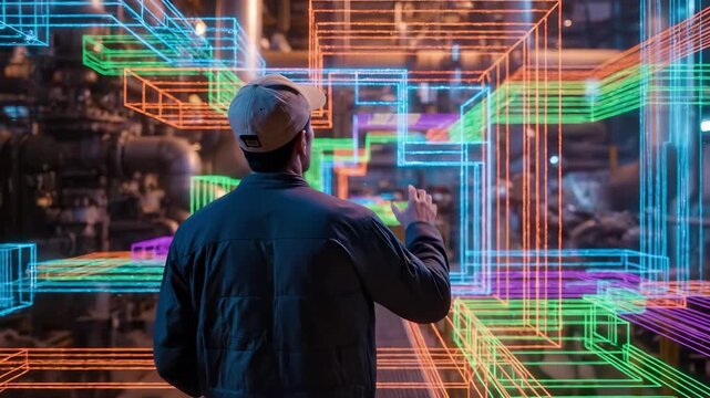 Warehouse worker interacting with digital visualization and holographic inventory management interface. Smart logistics technology and augmented reality system for modern supply chain tracking