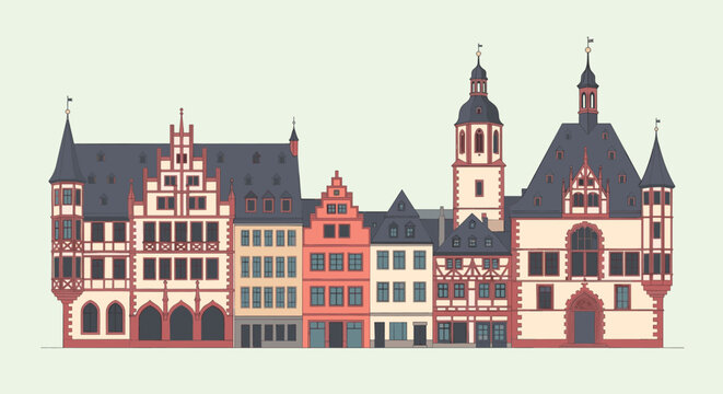 Charming european historic buildings skyline in flat design style
