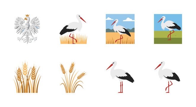 Elegant stork and wheat symbols with polish eagle emblem in flat design
