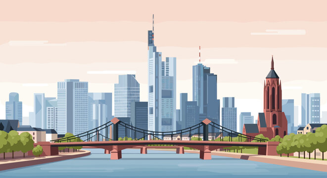 Modern cityscape with bridge and riverside architecture in flat design