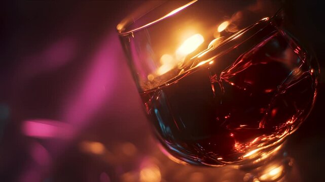 Abstract close up of a cognac glass filled with liquid in neon light