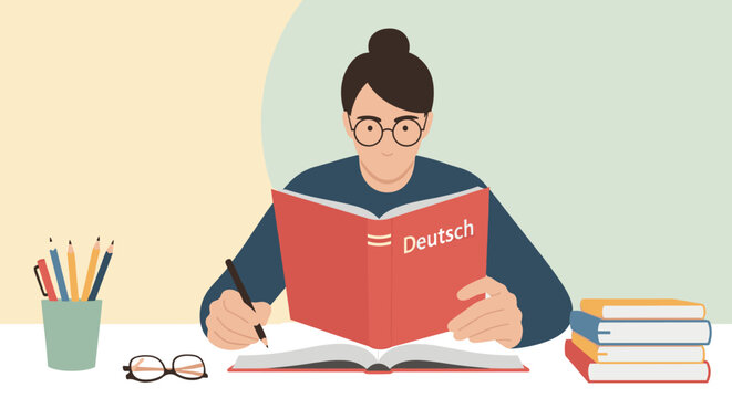 Flat design woman studying german with books and glasses in modern style
