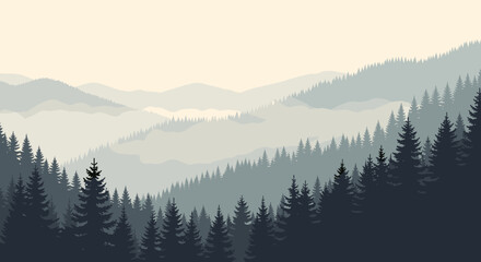 Fototapeta premium Serene mountain landscape with misty pine forest in calm pastel tones