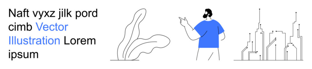 Urban life, modern architecture, visual storytelling, digital communication, graphic design elements, creative presentations. A person pointing, abstract plants city skyline. Urban life and modern