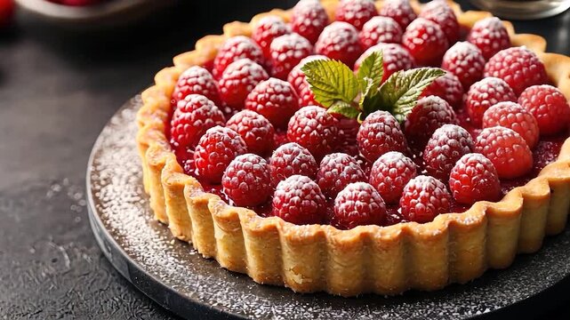 Raspberry tart with powdered sugar