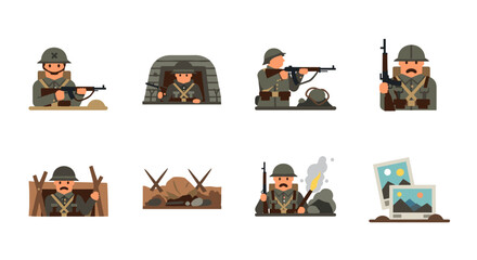 Fototapeta premium World war soldiers: flat style icons depicting historic military scenes and equipment
