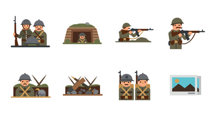 Fototapeta premium Flat design world war heroes in various combat poses and trenches