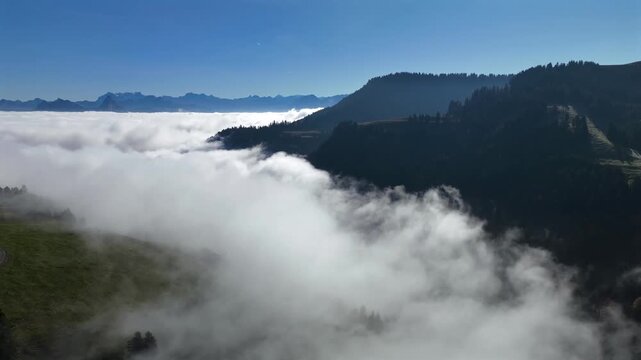 Aerial view of fog flowing through green mountain valey