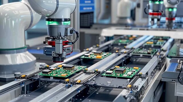 Robotic manipulators install radio components on printed circuit boards of electronic devices