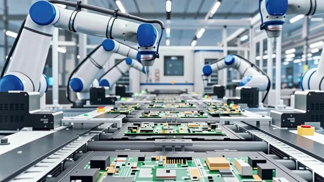 Robotic manipulators install radio components on printed circuit boards of electronic devices