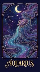 Naklejka premium A stylized representation of the Aquarius zodiac sign. A woman with flowing hair pours water from a jug, surrounded by stars and a crescent moon.