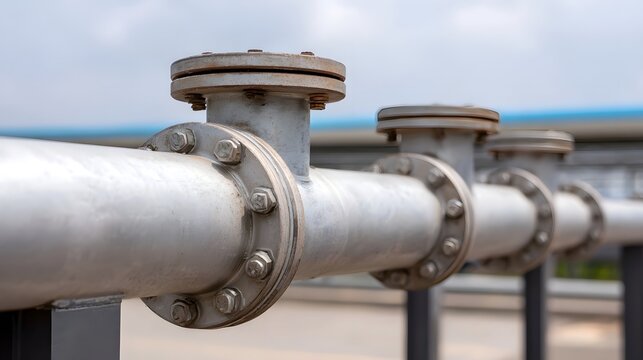 A row of industrial metal pipes featuring bolted flanges and T junctions stretching across an outdoor facility under a hazy sky