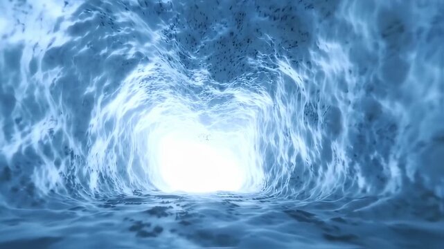 A glowing light emanates at the end of a detailed icy cave tunnel, with textured surfaces