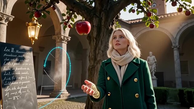 A blonde girl standing in the courtyard of the university catches an apple falling from an apple tree