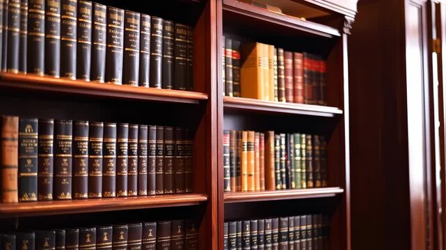A rich wooden bookshelf filled with antique books of various colors and sizes, a library setting