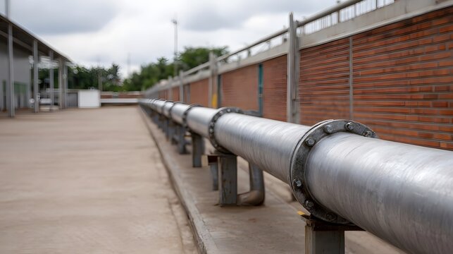 Long industrial pipeline stretches along a factory exterior under a cloudy sky