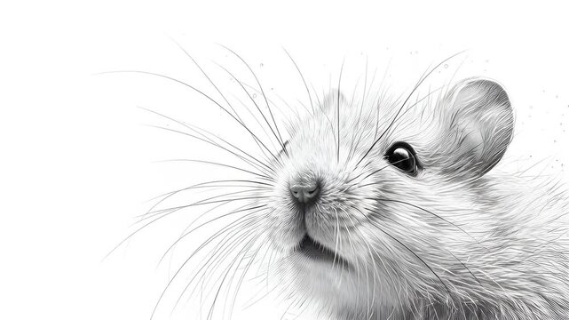Detailed black and white illustration of a cute mouse face