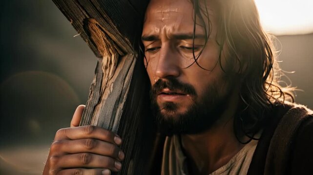 Jesus Christ carrying a wooden cross with a crown of thorns. Religious Easter theme. Suffering and sacrifice, Christian imagery.	
