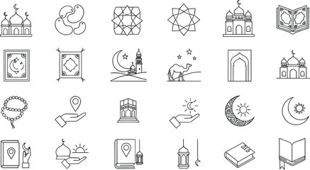 Fototapeta premium Islamic religion line icon set with mosque, Quran, prayer, crescent moon, camel and geometric symbols vector illustration