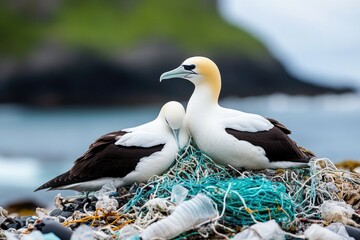 Obraz premium Seagulls nesting amidst ocean litter at sunset: wildlife and pollution contrast