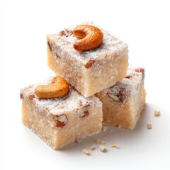 Sweet Indian dessert with cashew, traditional treat with sugar, nuts, and coconut, close up view, perfect for celebrations and festivals