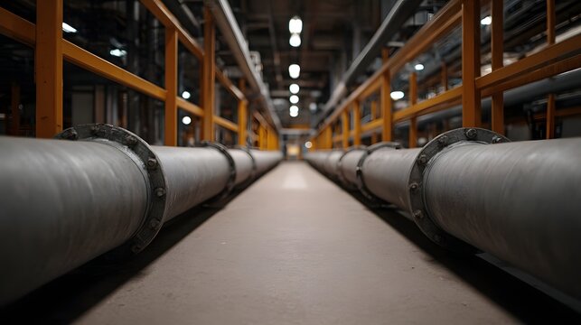 Industrial corridor with parallel pipes in a manufacturing facility