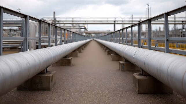 Parallel industrial pipes extend into the distance at a facility under an overcast sky