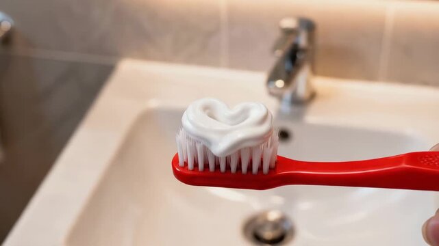 white toothpaste squeezed in heart shape on red toothbrush, modern bathroom background, romantic concept. Health care concept