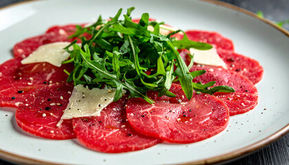 Fototapeta premium Beef carpaccio with arugula, tasty food, appetizing dish, gourmet culinary styling, delicious snack