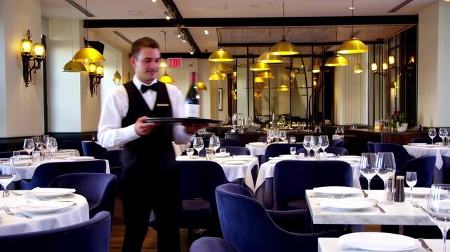 Elegant restaurant interior with waiter serving wine. Tables set with fine china and glassware. Golden lighting