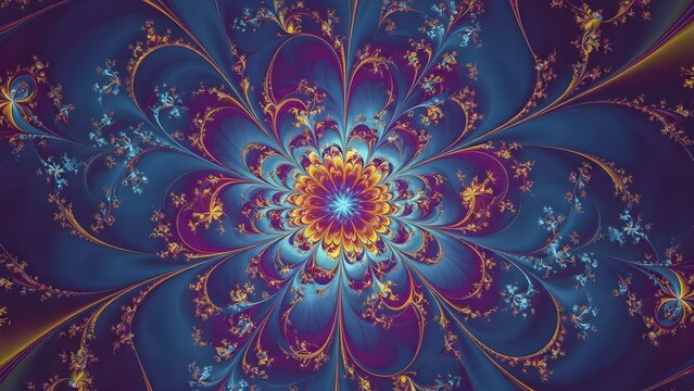 Explosive blue and gold fractal flower radiating from brilliant central star, swirling petals and tendrils spiraling outward in intricate layers, creating dazzling abstract digital artwork full of ene