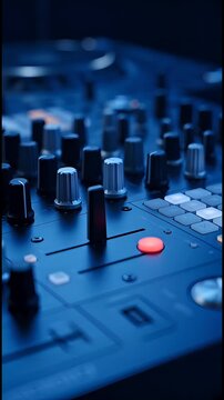 Dj mixer board with sliders and knobs in a recording studio, creating electronic dance music, club dj mixing tracks for a vibrant party or live concert performance