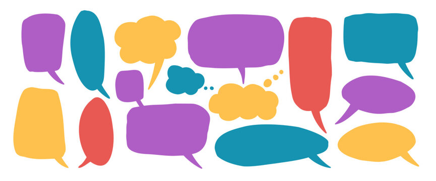 Hand-drawn colorful speech bubbles. Doodle simple frames, perfect for comic dialog and chat designs with playful doodle and kids charm. Vector red, blue and yellow speech text boxes set isolated.