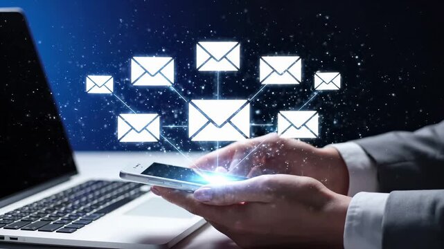 Professional using smartphone with glowing email icons and laptop for digital communication. Electronic messaging and mobile technology network for business marketing campaign and online