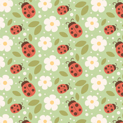 Cute Ladybug Seamless Pattern, swatch available in swatches panel, kawaii red ladybugs with white flowers and leaves, soft spring nature design for kids fabric and nursery