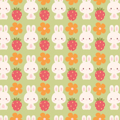 Cute Bunny Strawberry Seamless Pattern, kawaii easter bunnies with flowers, swatch available in swatches panel, soft spring design for kids fabric and nursery