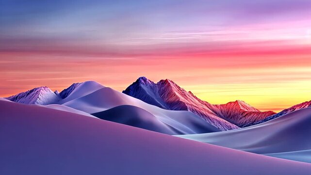 Purple, orange, and yellow hues paint the sky above a snowy mountain range and rolling hills