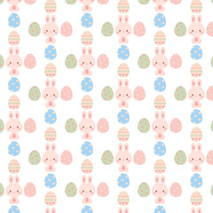 Cute Easter Bunny and Egg Seamless Pattern, pastel kawaii bunnies with decorated eggs, swatch available in swatches panel, cheerful spring holiday repeat for kids textiles and stationery