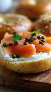 Bagel with cream cheese and smoked salmon topped with capers