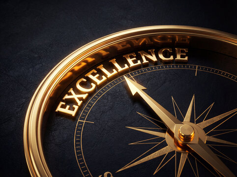 Golden compass with excellence text on dark background symbolizing leadership, high standards, quality, success, vision, and strategic direction for corporate branding and luxury business design.