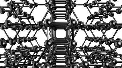 Futuristic lattice of metallic spheres and rods forming a molecular structure. Reflective surfaces and geometric symmetry evoke nanotech, atomic modeling, and high-tech material science.
