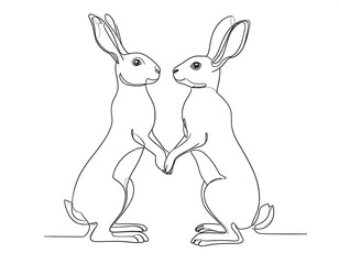 Obraz premium A minimalist line drawing of two rabbits standing upright on their hind legs facing each other