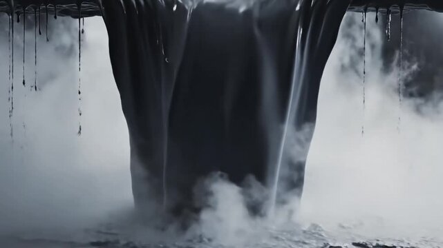 Abstract dark chocolate waterfall cascading over a rocky ledge into misty water a luxurious and moody visual for food branding product design or artistic backgrounds