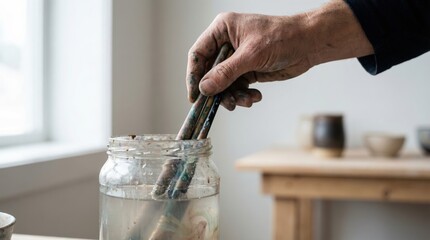 Close-up view of hand holding paintbrushes in a jar of water