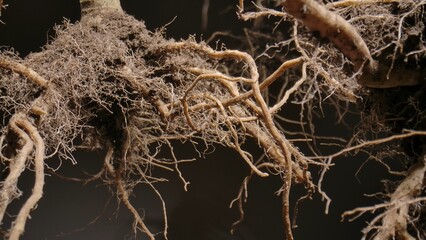 Macro shot of a tree or plant root system showcasing intricate textures and organic patterns in nature.