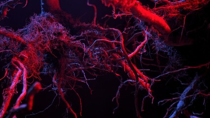Obraz premium Macro shot of complex plant roots illuminated with red and blue lighting creating a surreal effect.