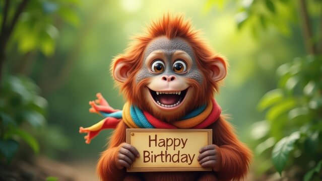 Orangutan wearing colorful scarf holding happy birthday sign smiling at camera, cute ape celebration portrait in jungle forest setting, concept of birthday greetings, zoo events, holiday